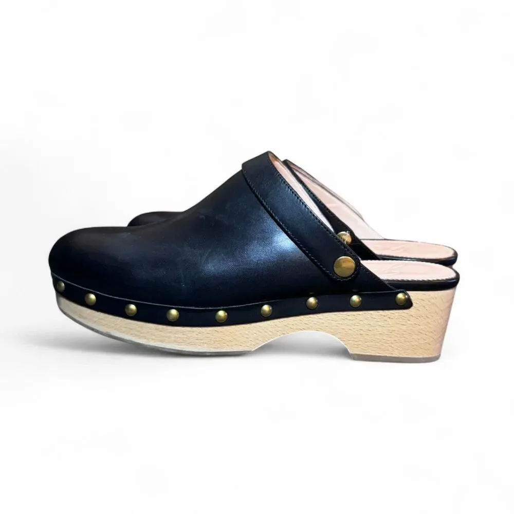 J.Crew BA188 Black Leather Studded Wood Clogs Women’s 10.5 Platform Mule